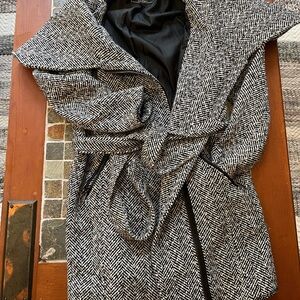 Elegant Black and White Herringbone Trench Coat